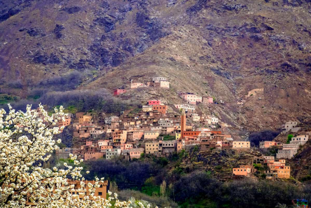 Mountain landscape and traditional village in Imlil valley, High Atlas Morocco